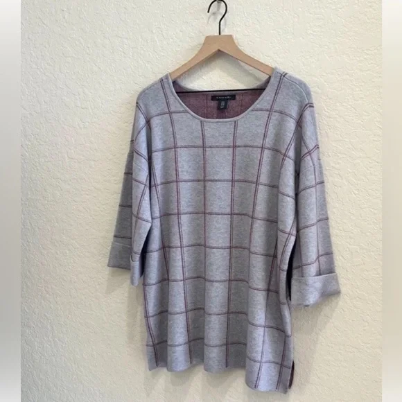 NWT TAHARI Pullover Plaid Tunic Knit Sweater Top 3/4 Sleeves Grey Red Women’s 1X - Picture 6 of 8